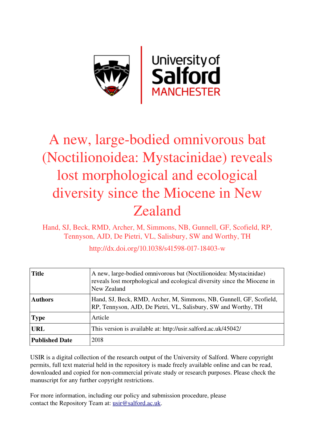 (Noctilionoidea: Mystacinidae) Reveals Lost Morphological and Ecological Diversity Since