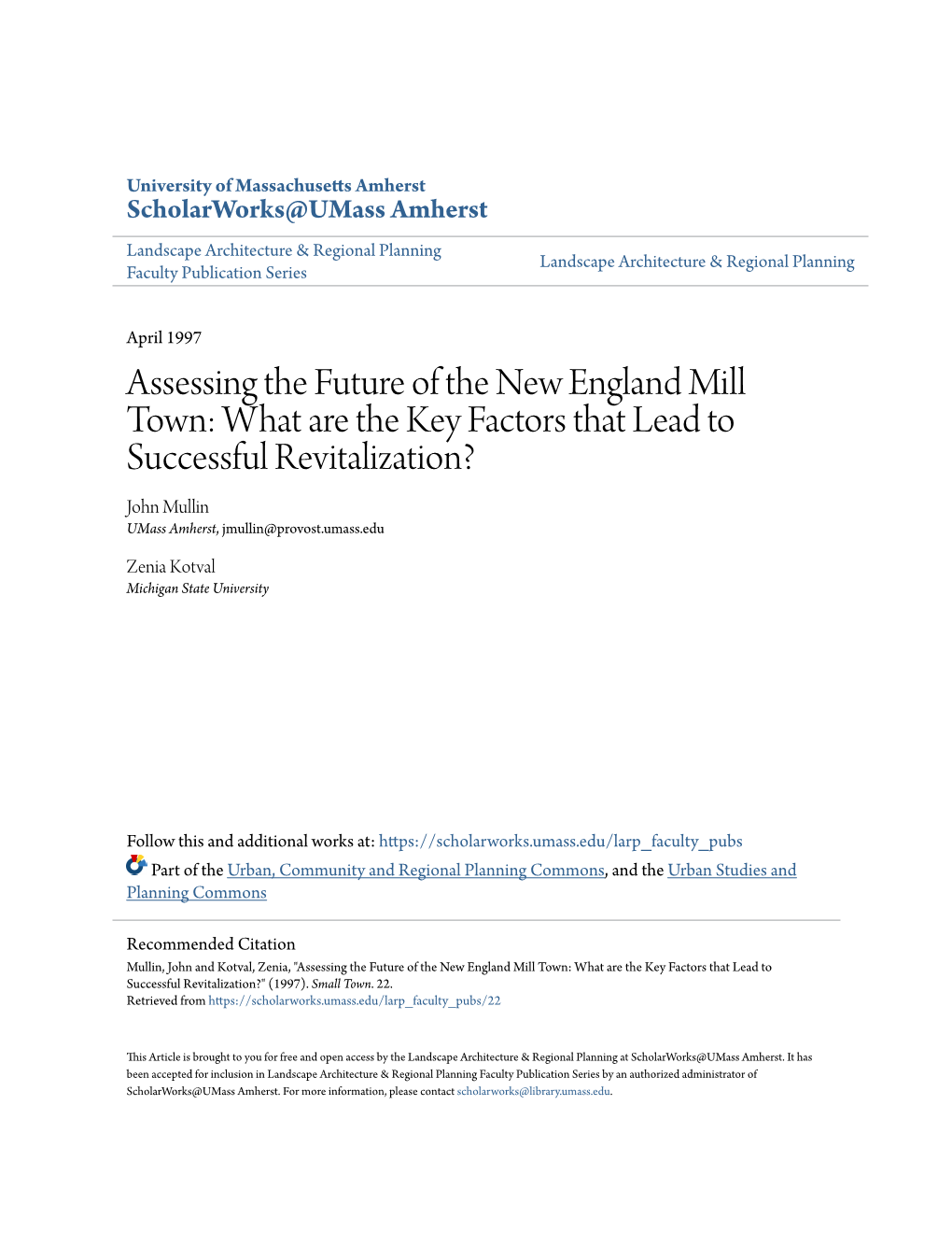 Assessing the Future of the New England Mill Town