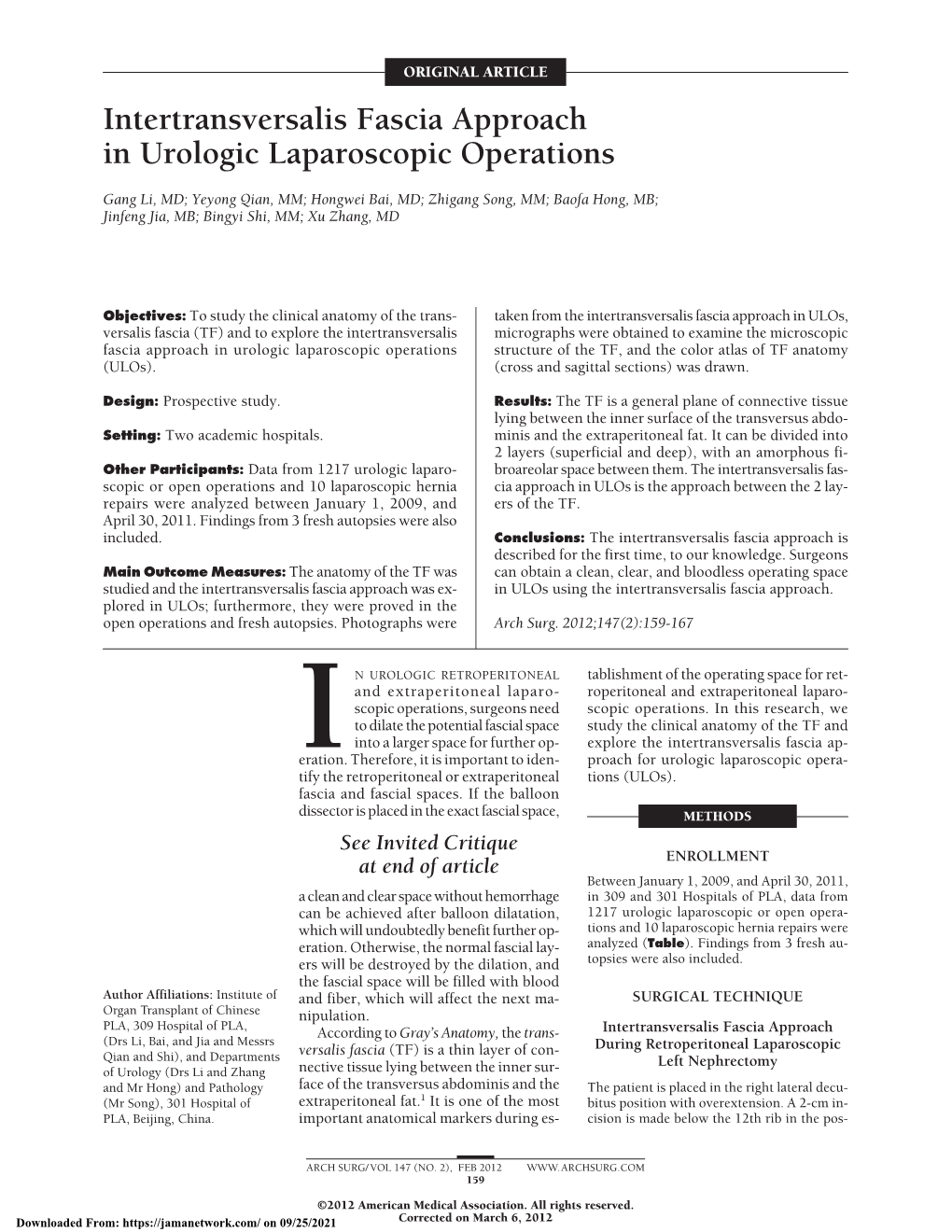 Intertransversalis Fascia Approach in Urologic Laparoscopic Operations