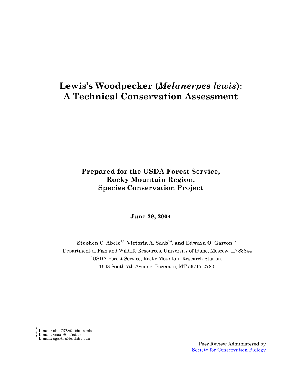 (Melanerpes Lewis): a Technical Conservation Assessment
