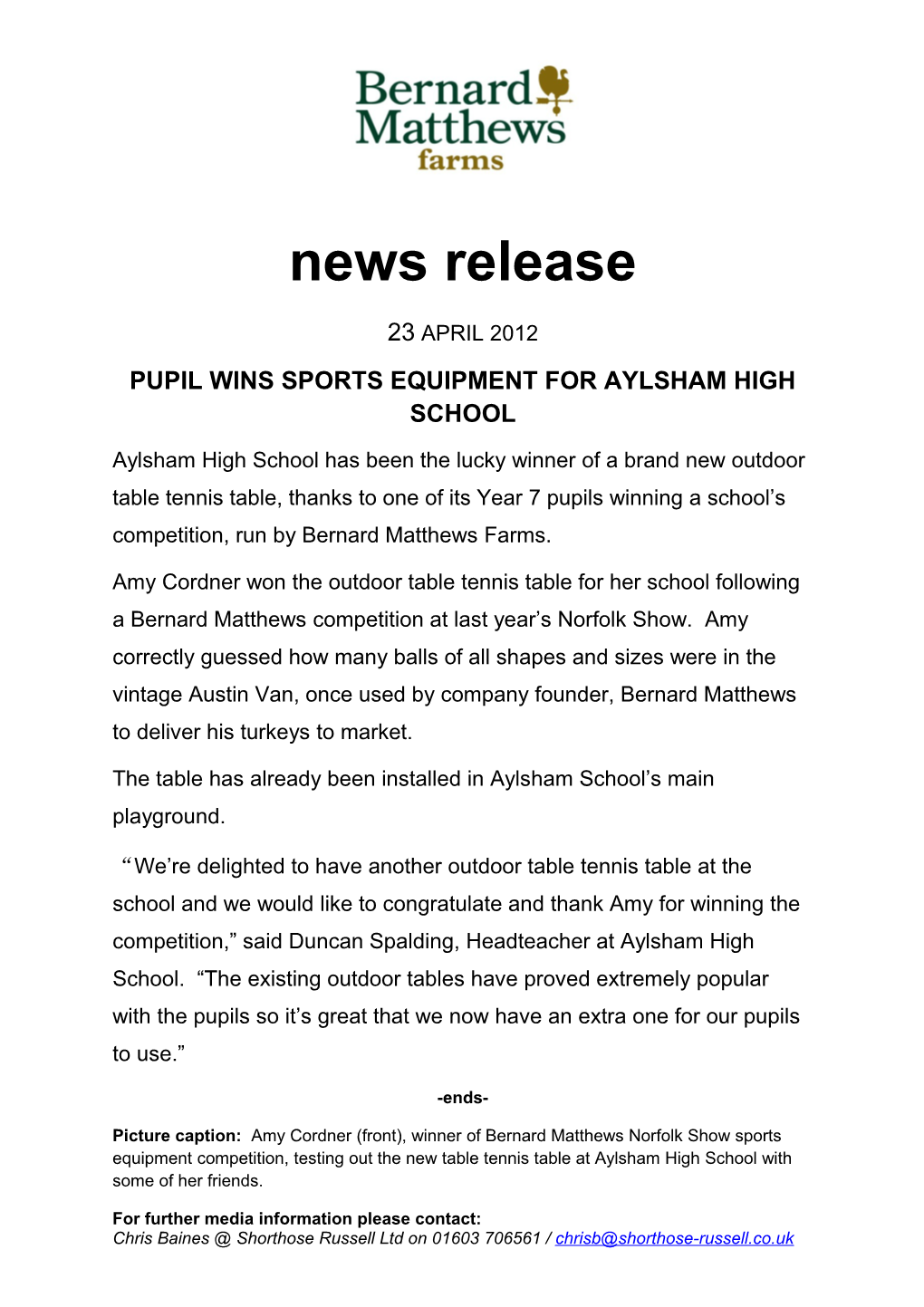 Pupil Wins Sports Equipment for Aylsham High School