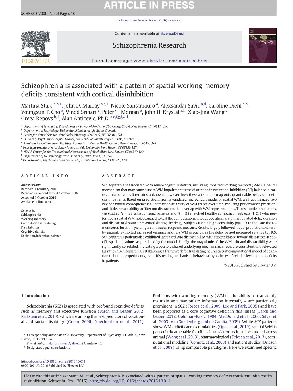 Schizophrenia Is Associated with a Pattern of Spatial Working Memory Deﬁcits Consistent with Cortical Disinhibition