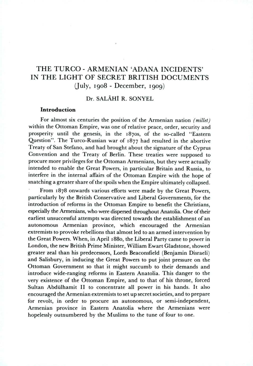 THE TURCO - ARMENIAN 'ADANA INCIDENTS' in the LIGHT of SECRET BRITISH DOCUMENTS (July, 1908 - December, ~ Gog)