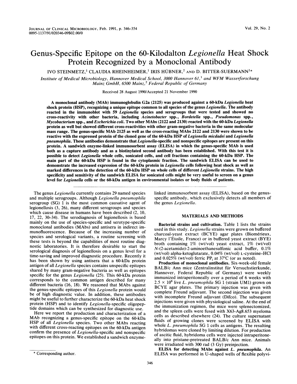 Genus-Specific Epitope on the 60-Kilodalton Legionella Heat Shock