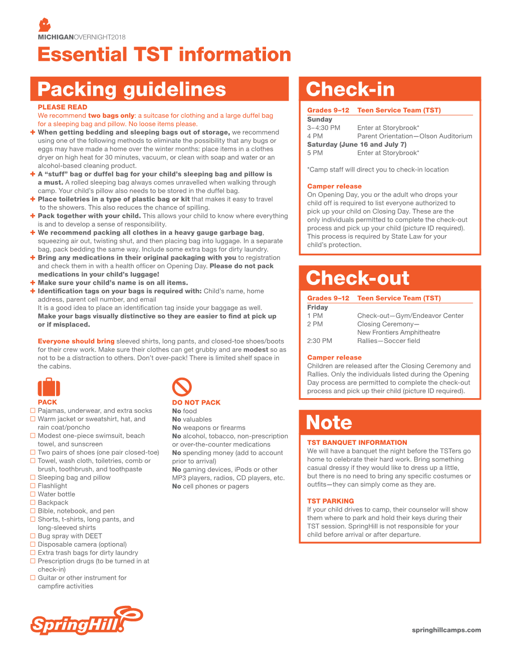 Packing Guidelines Essential TST Information Check-In Check-Out Note