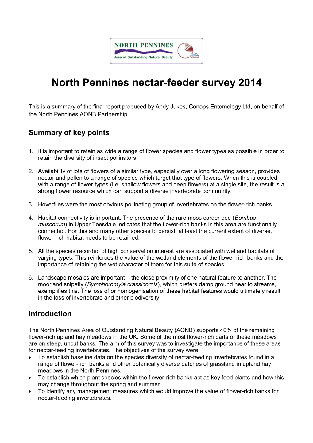 North Pennines Nectar Feeder Survey 2014 Summary