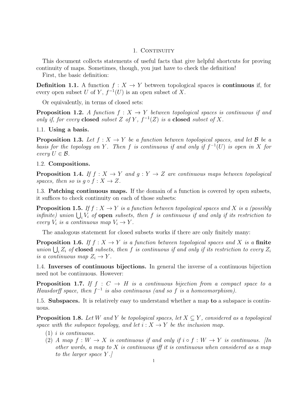 1. Continuity This Document Collects Statements of Useful Facts That Give Helpful Shortcuts for Proving Continuity of Maps. Some