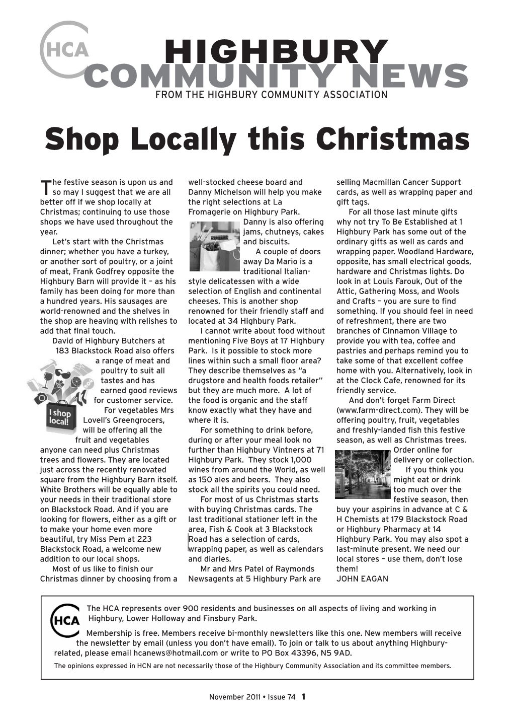 HIGHBURY COMMUNITY NEWS from the HIGHBURY COMMUNITY ASSOCIATION Shop Locally This Christmas