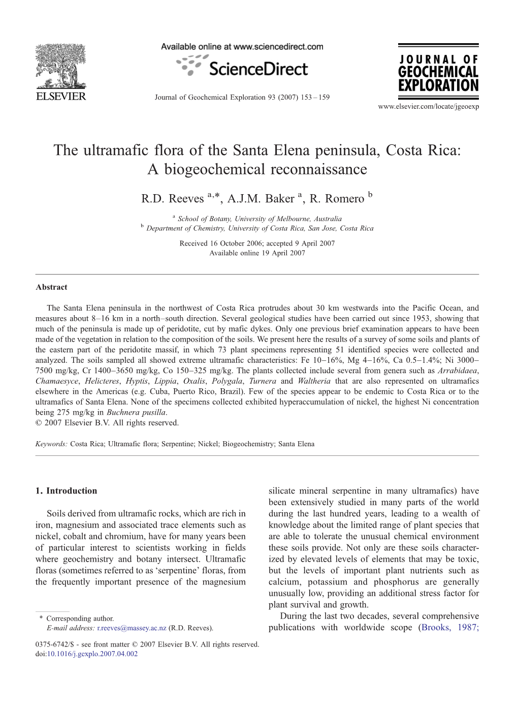 The Ultramafic Flora of the Santa Elena Peninsula, Costa Rica: a Biogeochemical Reconnaissance ⁎ R.D