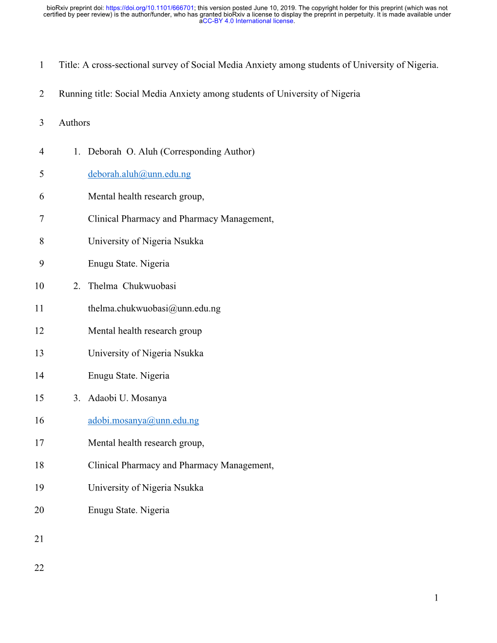 A Cross-Sectional Survey of Social Media Anxiety Among Students of University of Nigeria