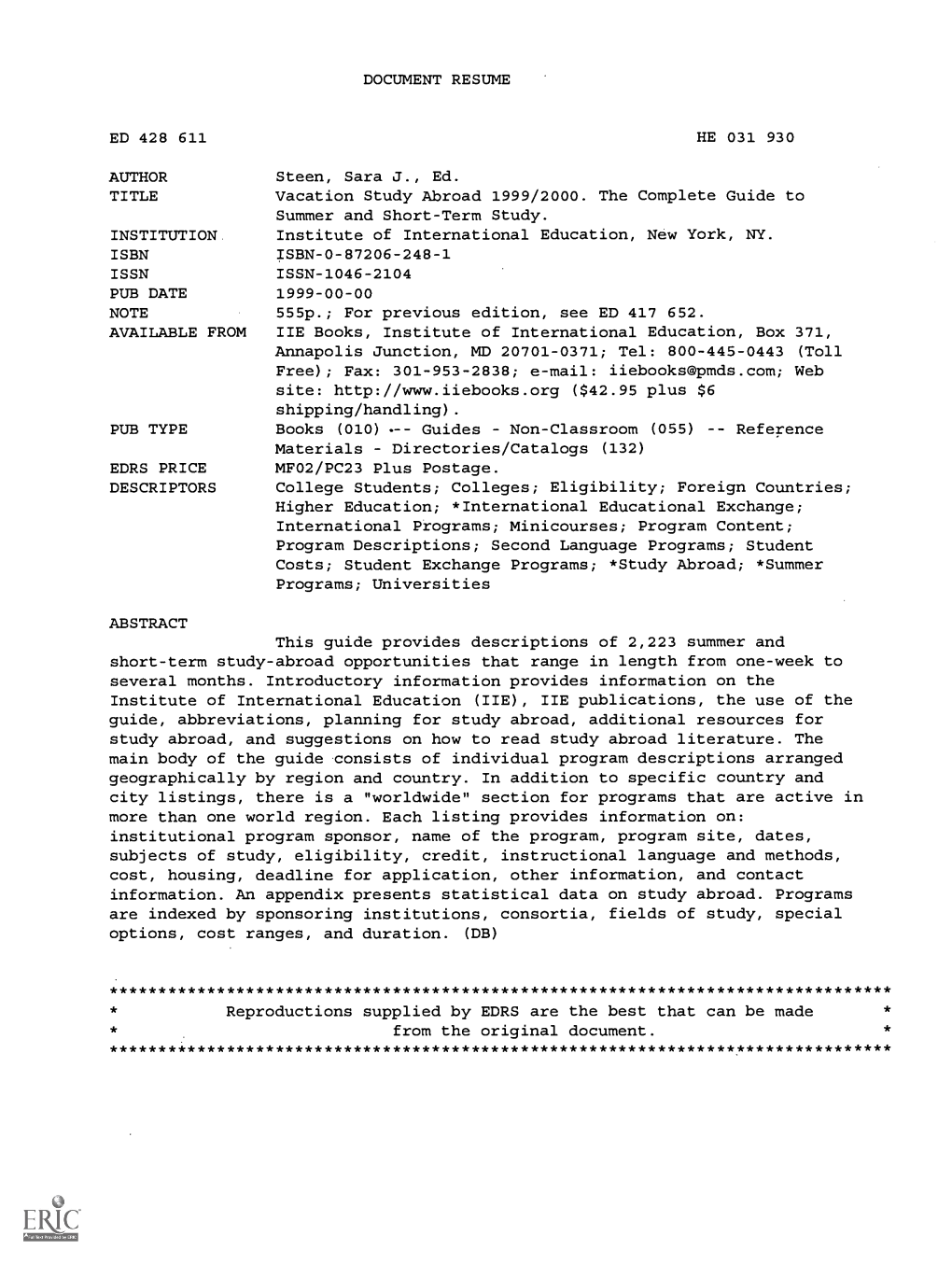 DOCUMENT RESUME HE 031 930 AUTHOR Vacation Study Abroad