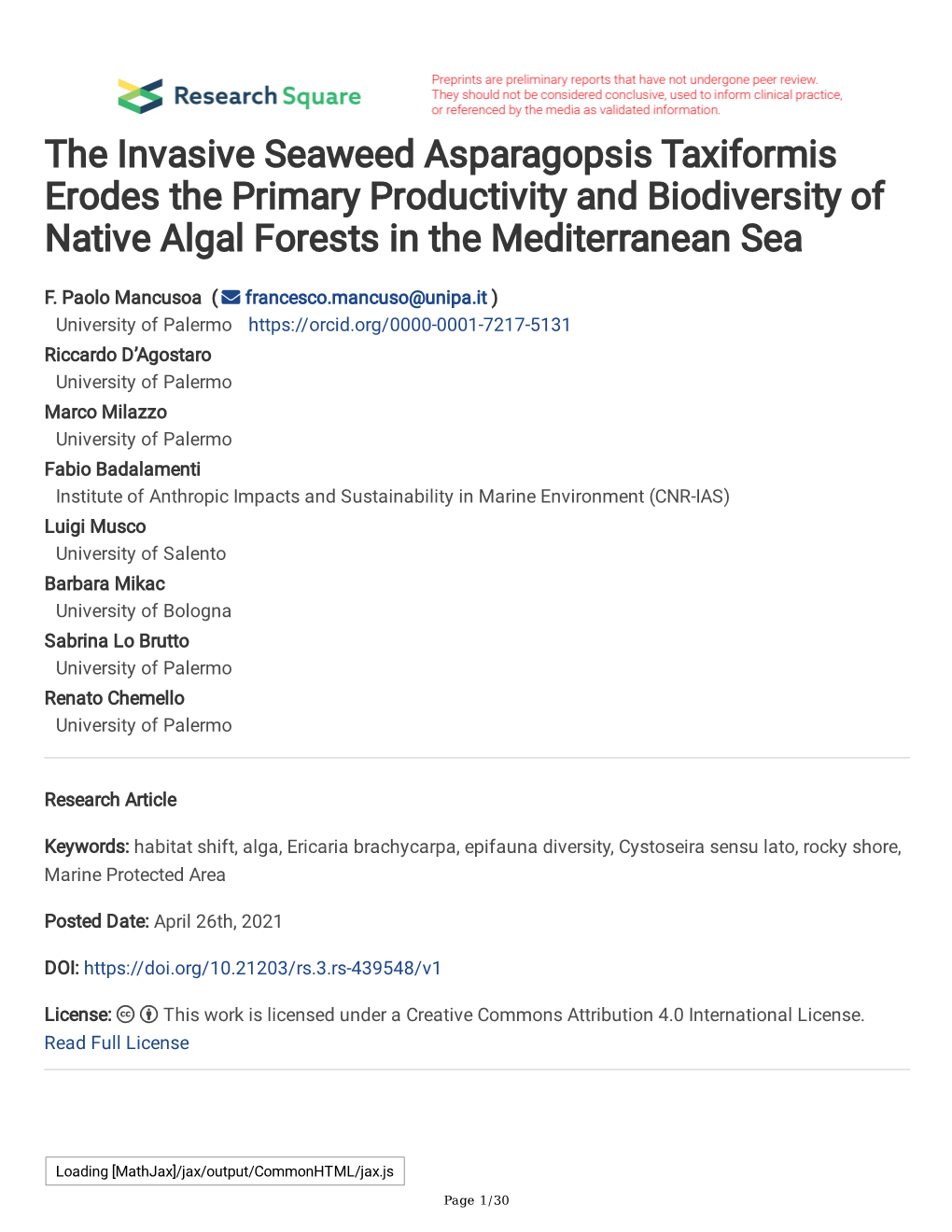 The Invasive Seaweed Asparagopsis Taxiformis Erodes the Primary Productivity and Biodiversity of Native Algal Forests in the Mediterranean Sea