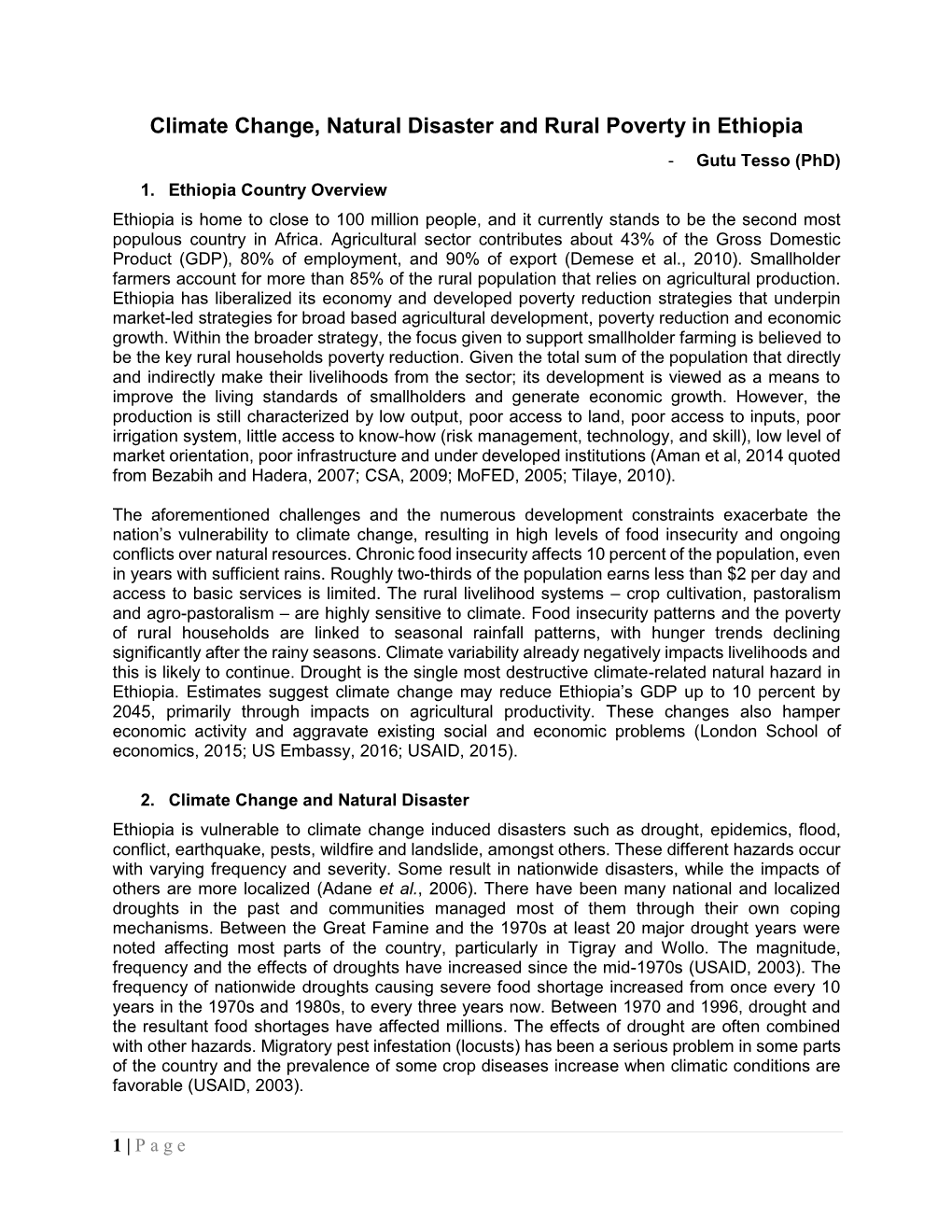 Climate Change, Natural Disaster and Rural Poverty in Ethiopia - Gutu Tesso (Phd) 1