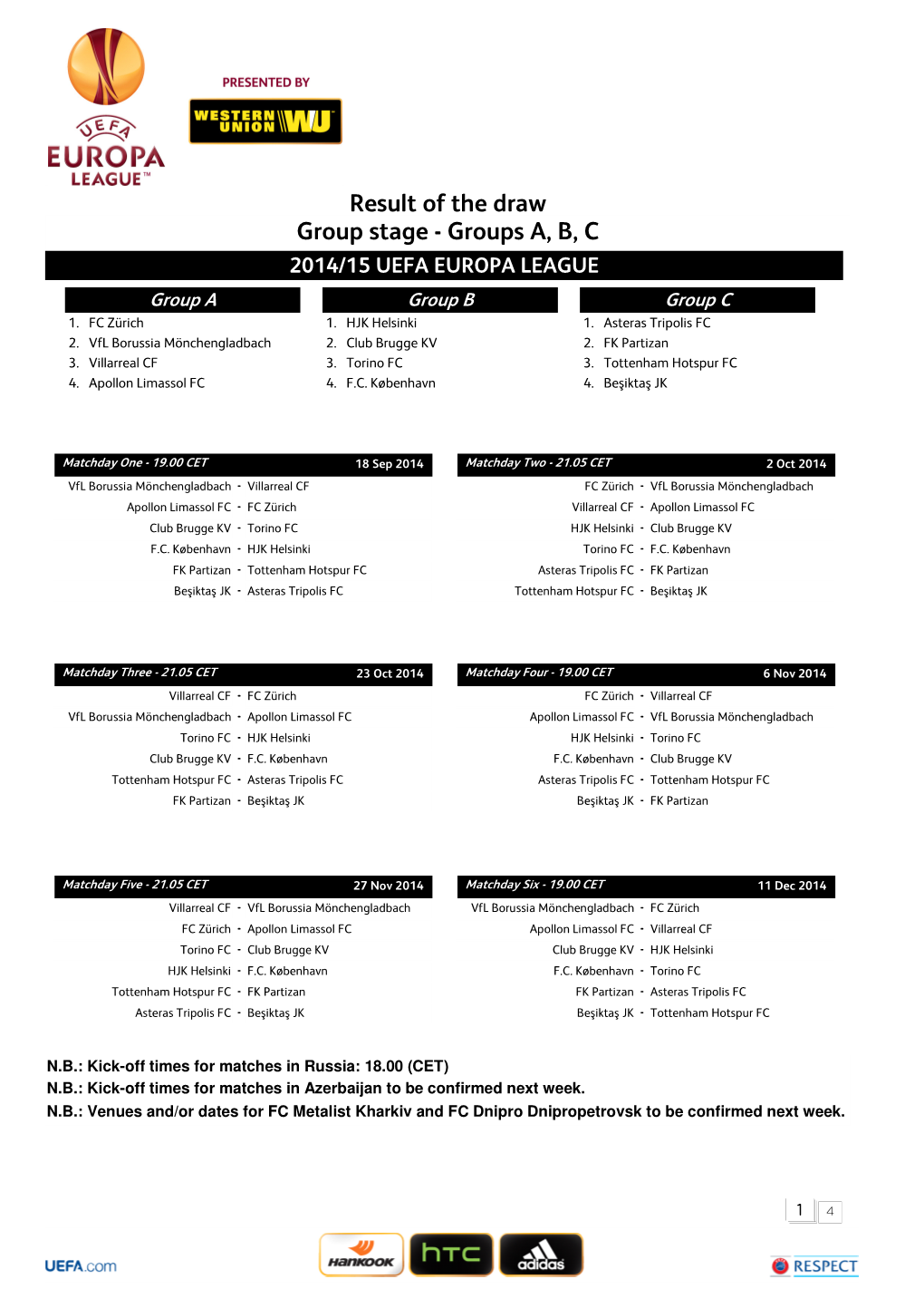 Group Stage Draw & Fixtures