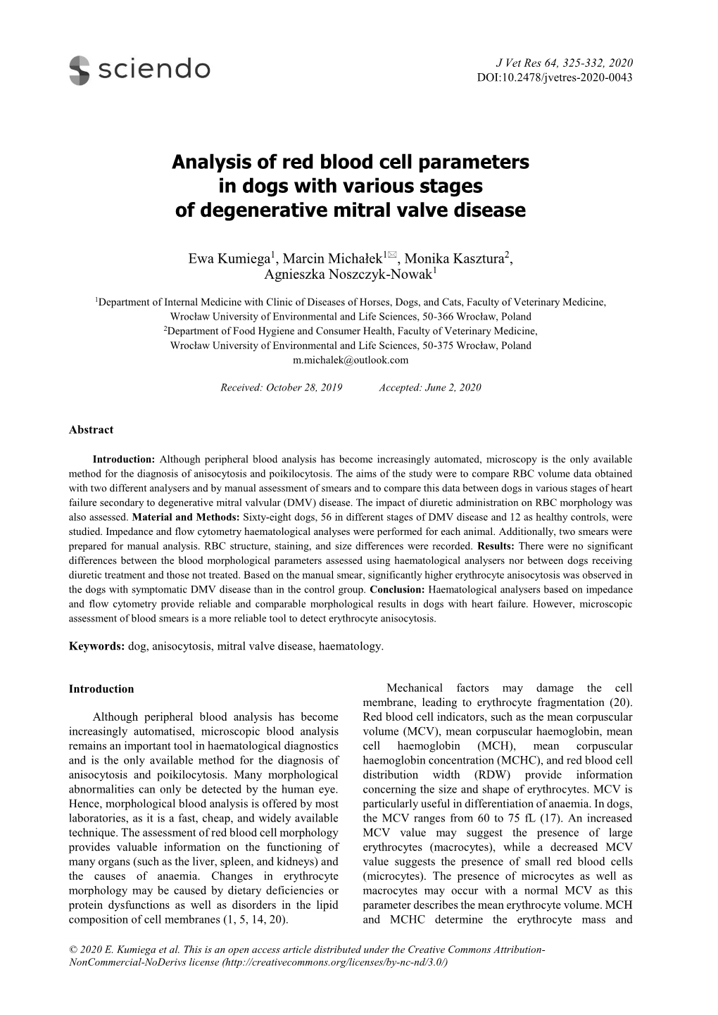 Analysis of Red Blood Cell Parameters in Dogs with Various Stages of Degenerative Mitral Valve Disease