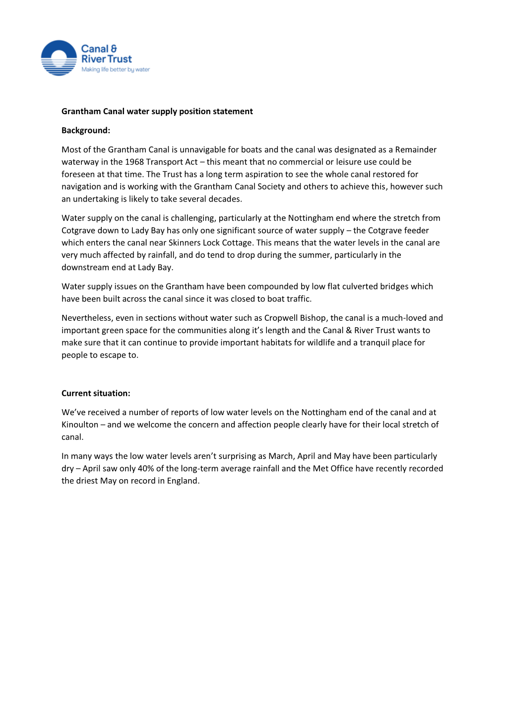 Grantham Canal Water Supply Position Statement Background: Most of The