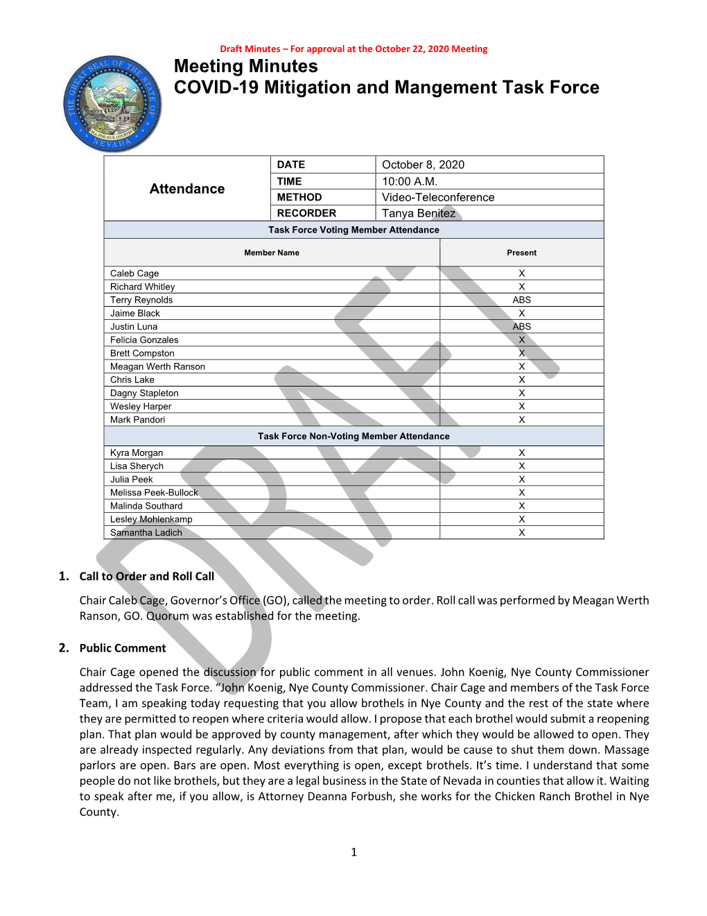 Meeting Minutes COVID-19 Mitigation and Mangement Task Force