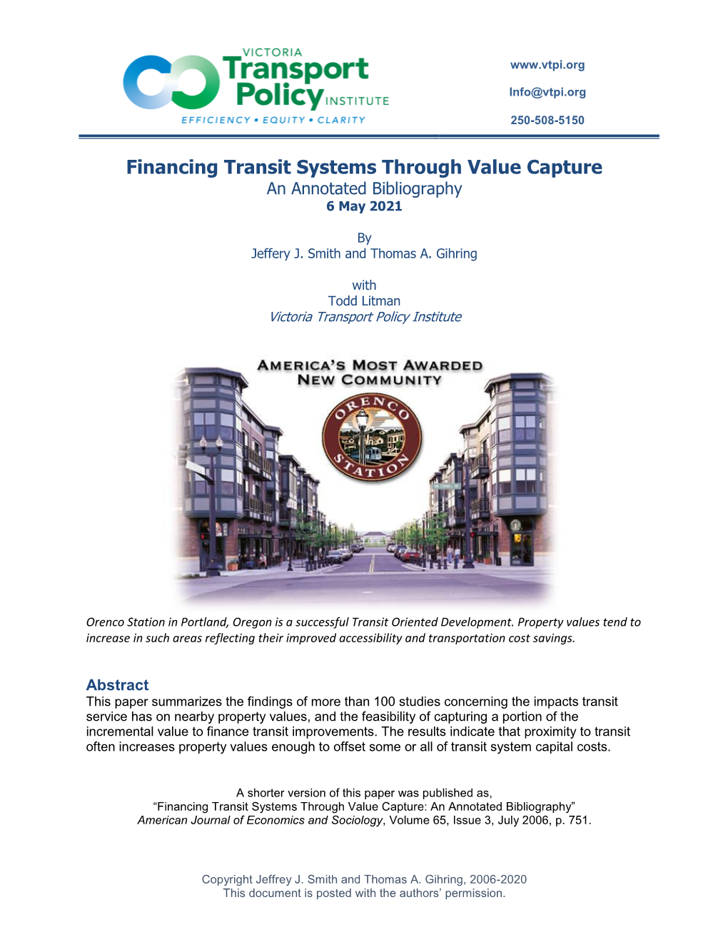 Financing Transit Systems Through Value Capture an Annotated Bibliography 6 May 2021