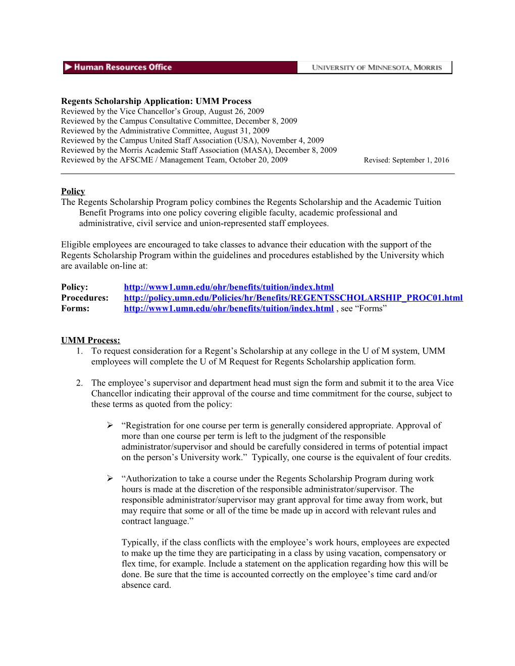 UMM Procedure for Processing Regents Scholarship Applications