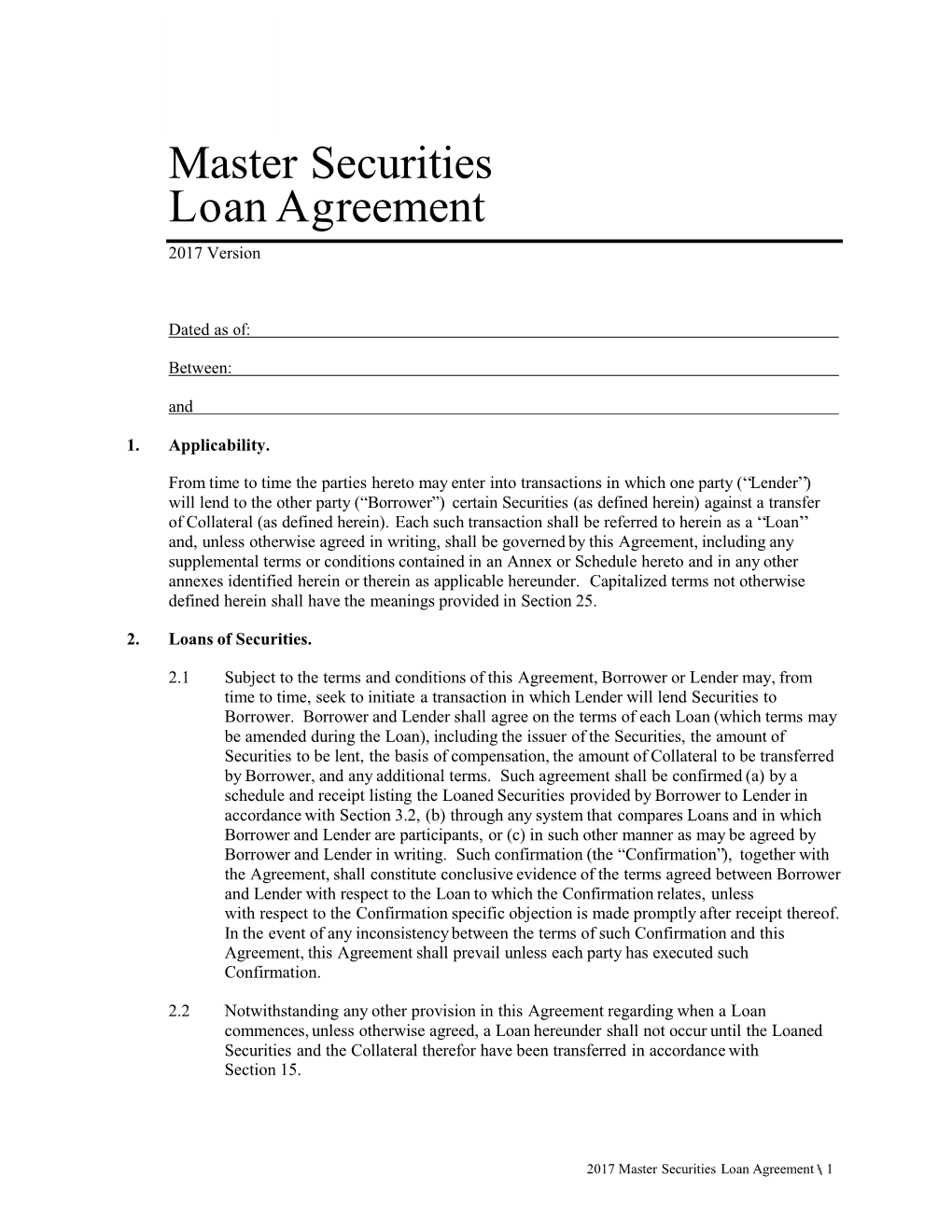 Master Securities Loan Agreement (MSLA)