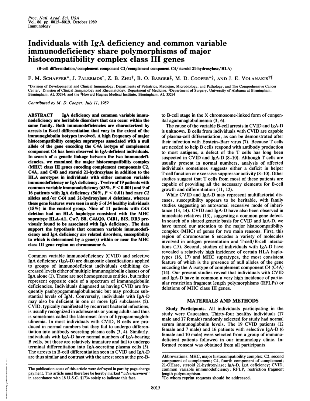 Individuals with Iga Deficiency and Common Variable Immunodeficiency Share Polymorphisms of Major Histocompatibility Complex