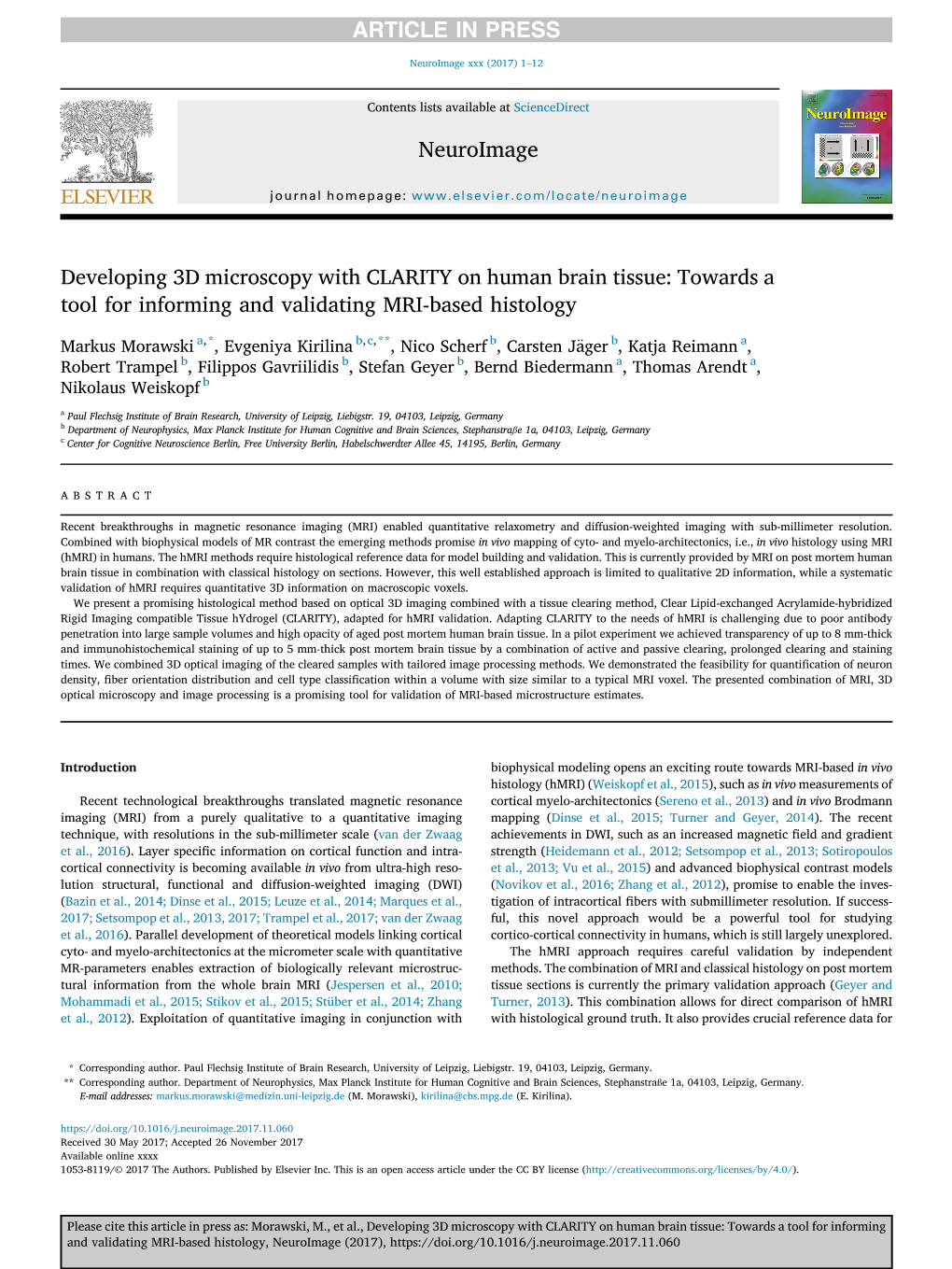 Developing 3D Microscopy with CLARITY on Human Brain Tissue: Towards a Tool for Informing and Validating MRI-Based Histology