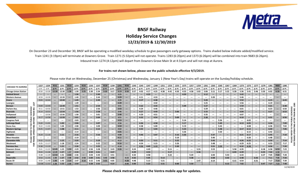 BNSF Railway Holiday Service Changes 12/23/2019 & 12/30/2019