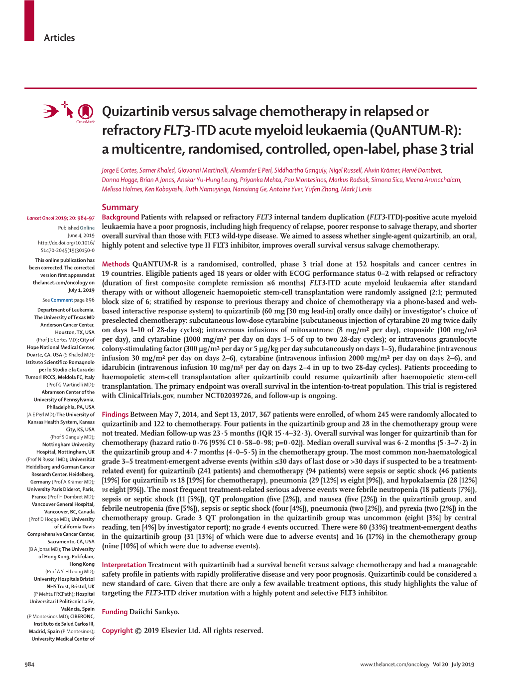 Quizartinib Versus Salvage Chemotherapy in Relapsed Or Refractory FLT3-ITD Acute Myeloid Leukaemia (Quantum-R): a Multicentre, R