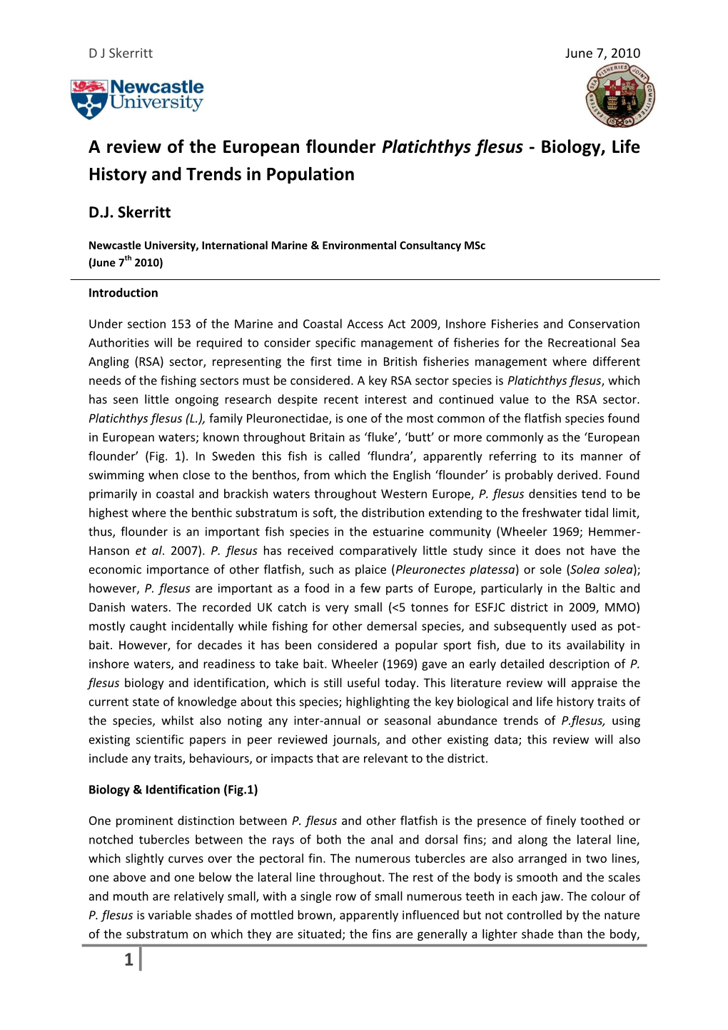 1 a Review of the European Flounder Platichthys Flesus