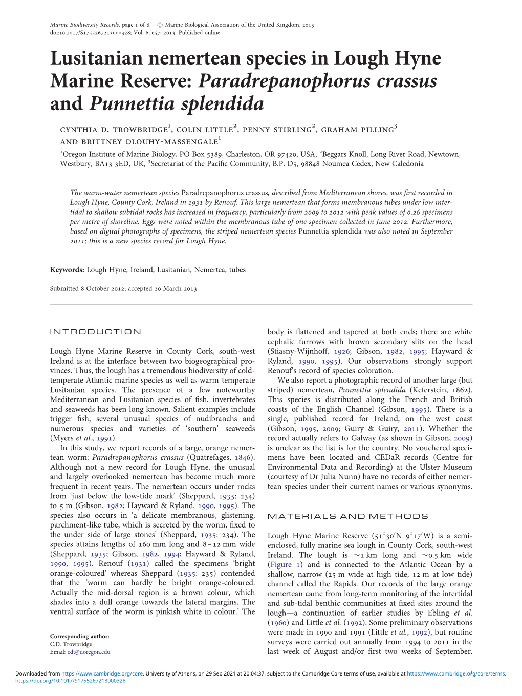 Lusitanian Nemertean Species in Lough Hyne Marine Reserve: Paradrepanophorus Crassus and Punnettia Splendida Cynthia D