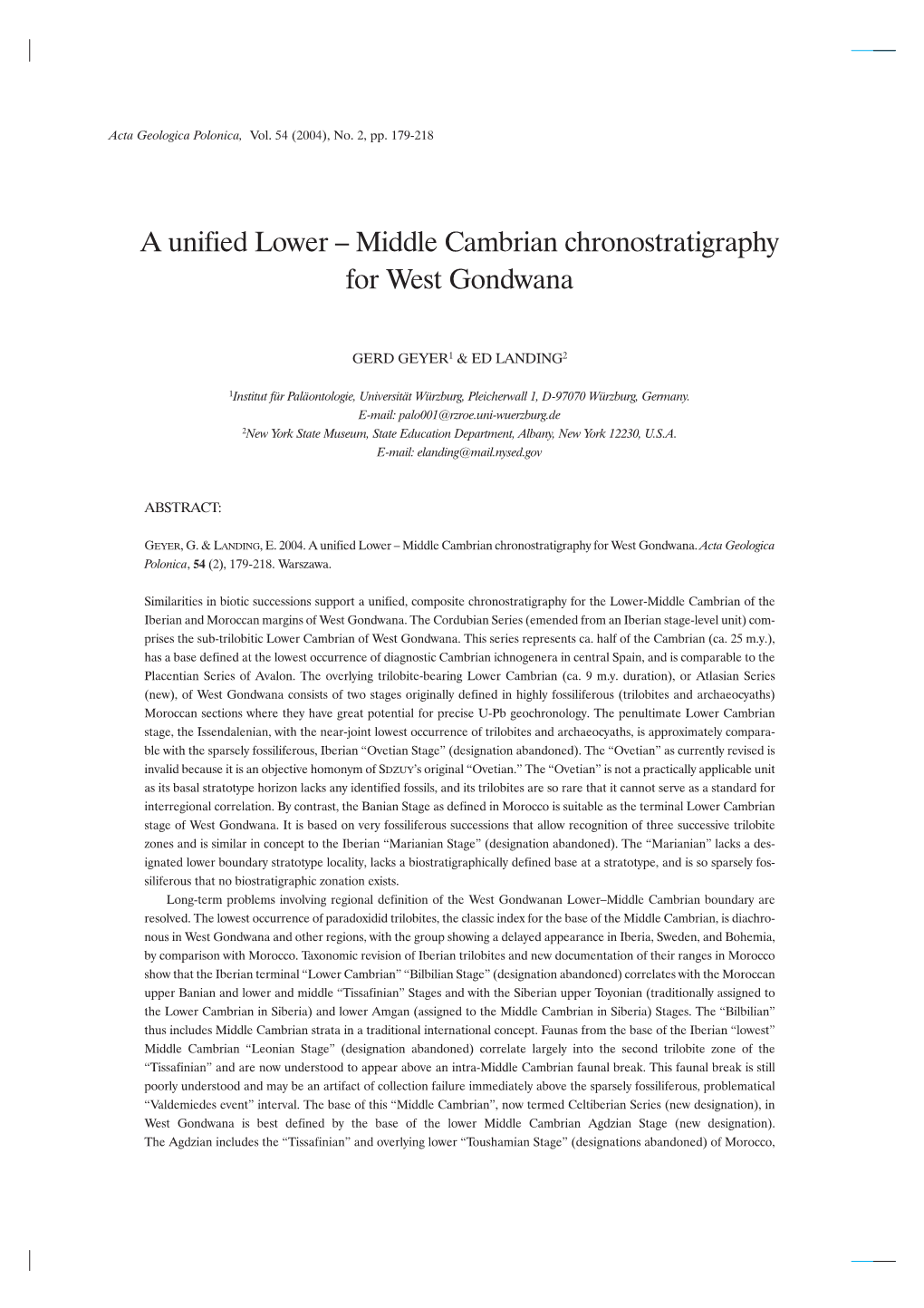 A Unified Lower – Middle Cambrian Chronostratigraphy for West Gondwana