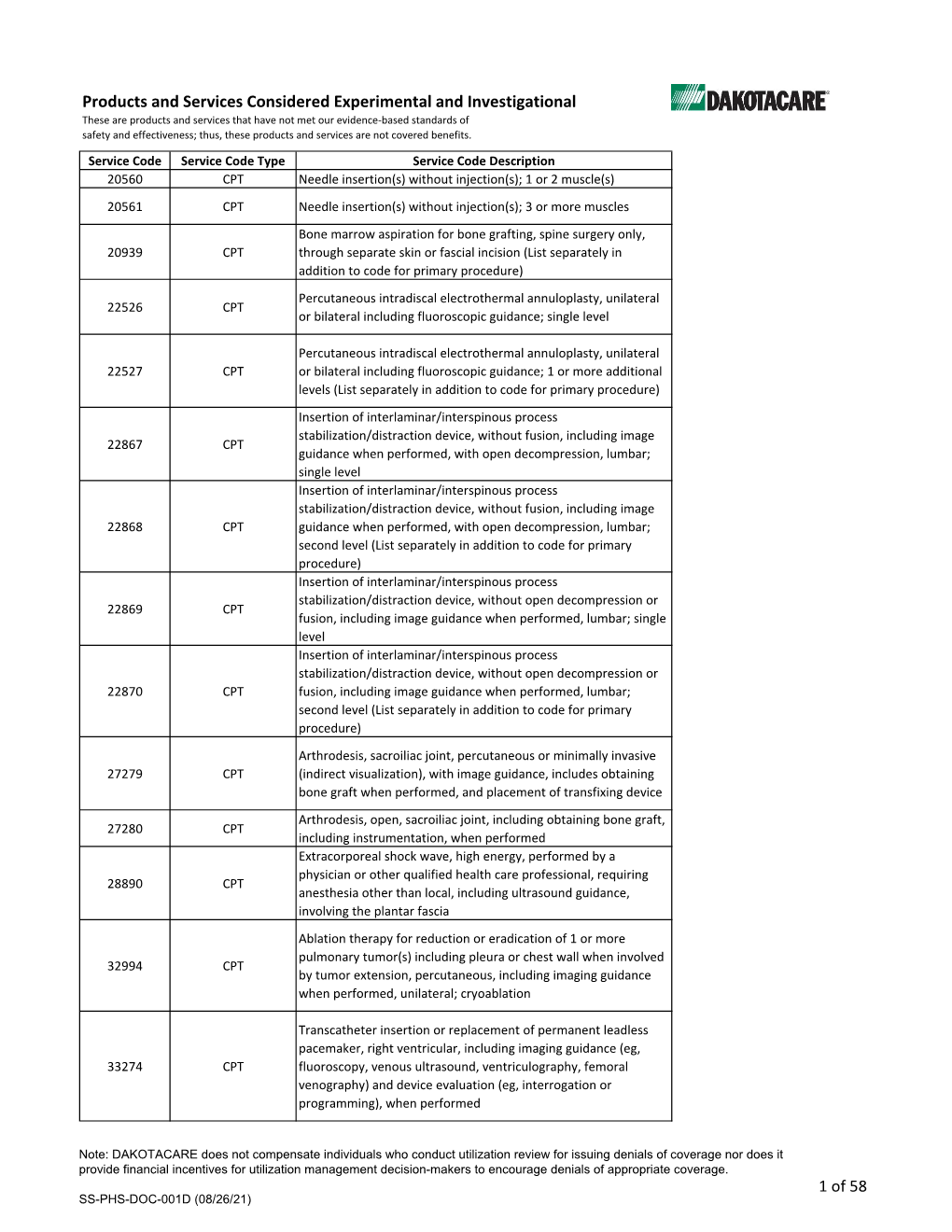 Products and Services Considered Experimental and Investigational