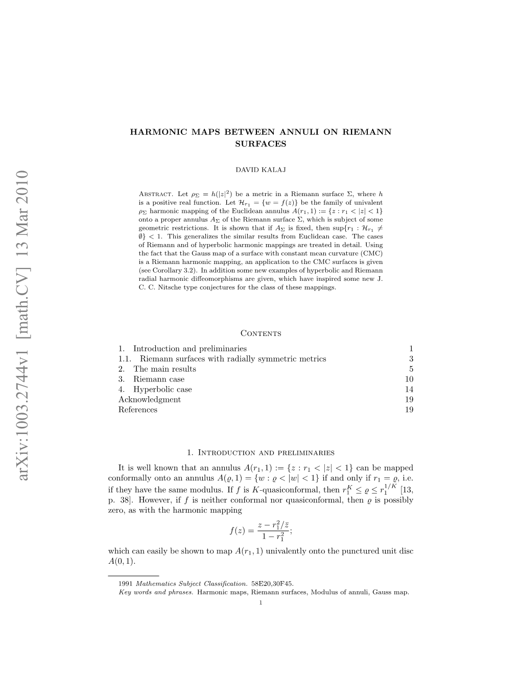 Harmonic Maps Between Annuli on Riemann Surfaces