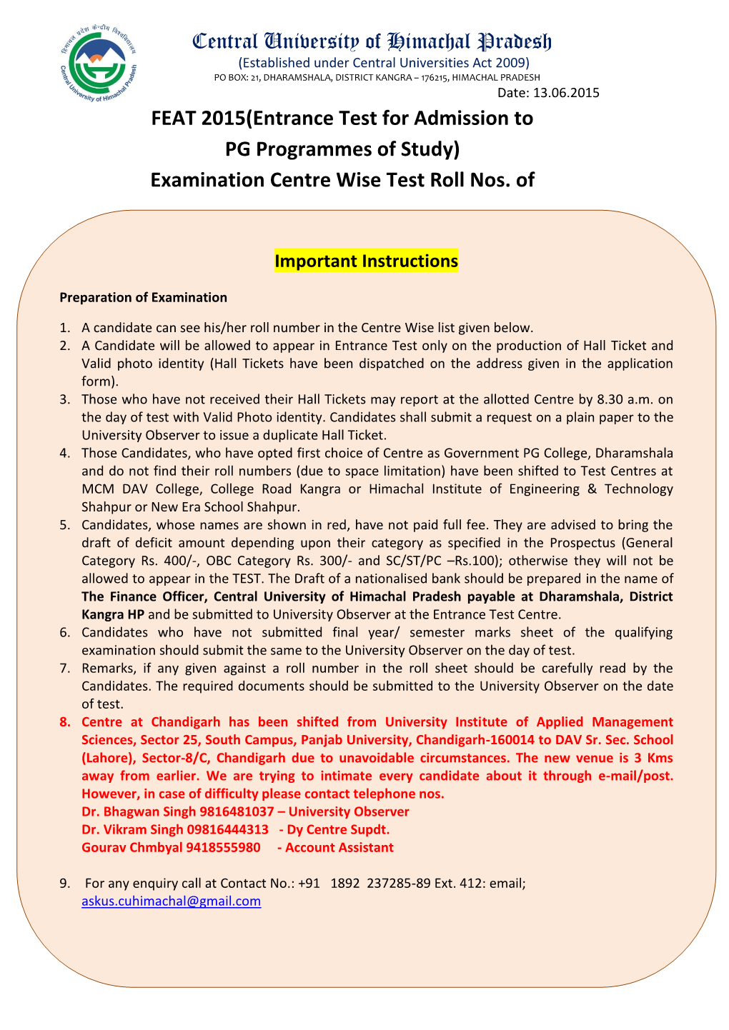 Entrance Test Roll No Centre Wise for FEAT 2015 on 21St June 2015