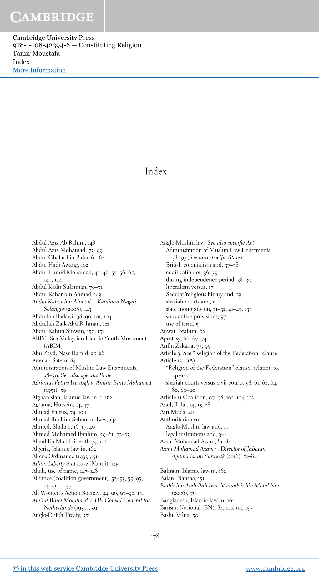 Cambridge University Press 978-1-108-42394-6 — Constituting Religion Tamir Moustafa Index More Information