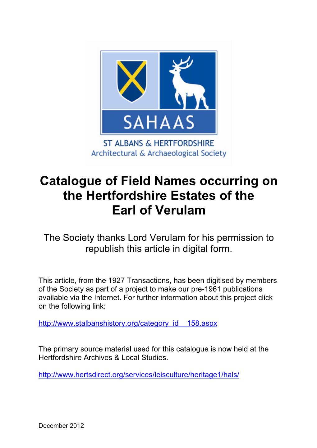 Catalogue of Field Names Occurring on the Hertfordshire Estates of the Earl of Verulam