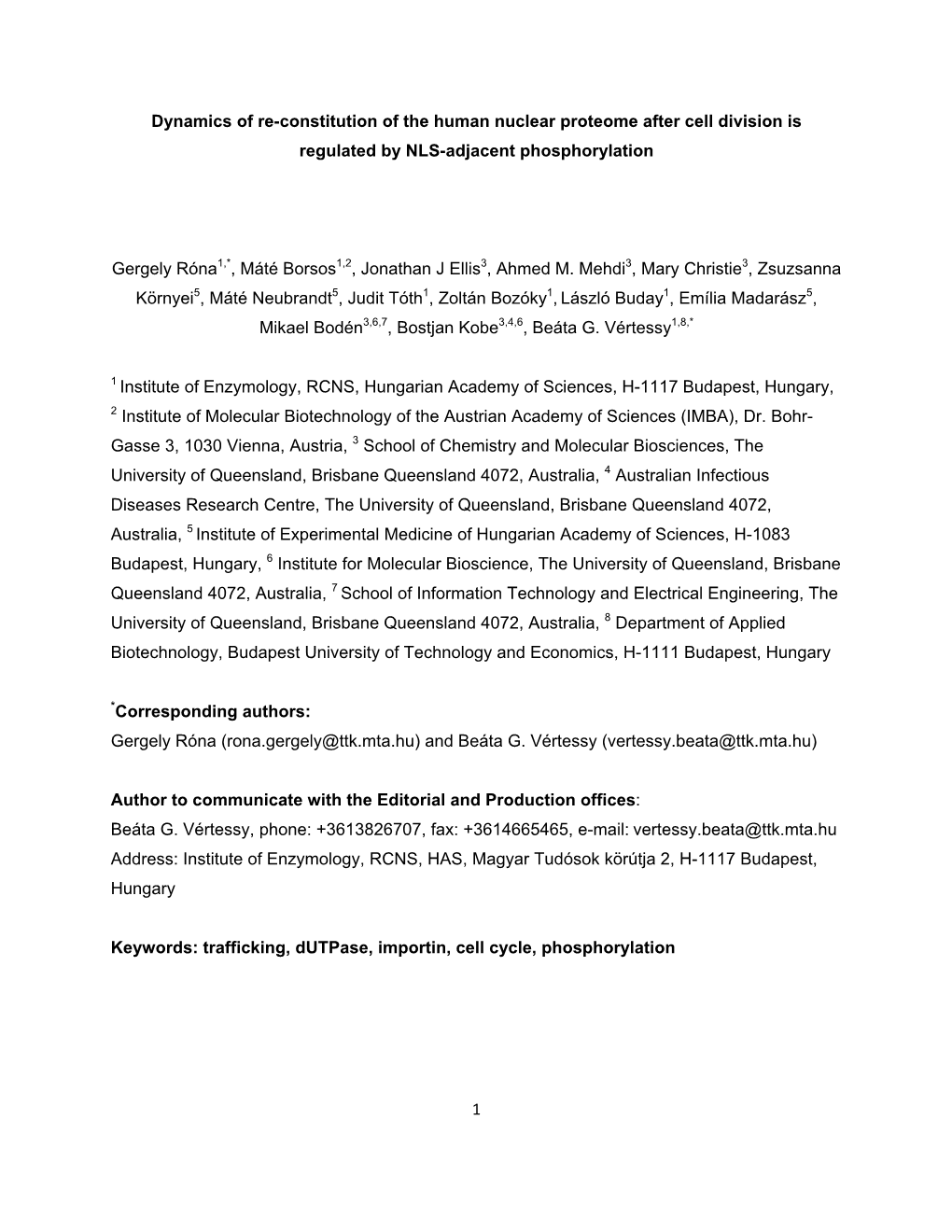 1 Dynamics of Re-Constitution of the Human Nuclear Proteome After Cell