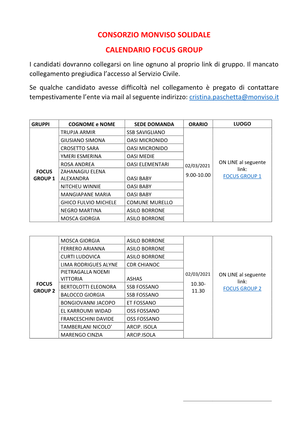 CONSORZIO MONVISO SOLIDALE CALENDARIO FOCUS GROUP I Candidati Dovranno Collegarsi on Line Ognuno Al Proprio Link Di Gruppo