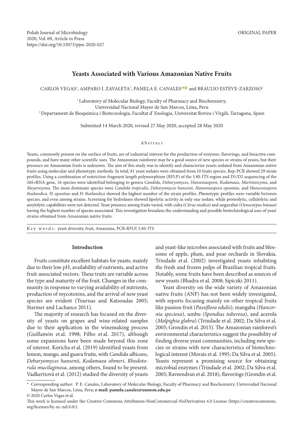 Yeasts Associated with Various Amazonian Native Fruits