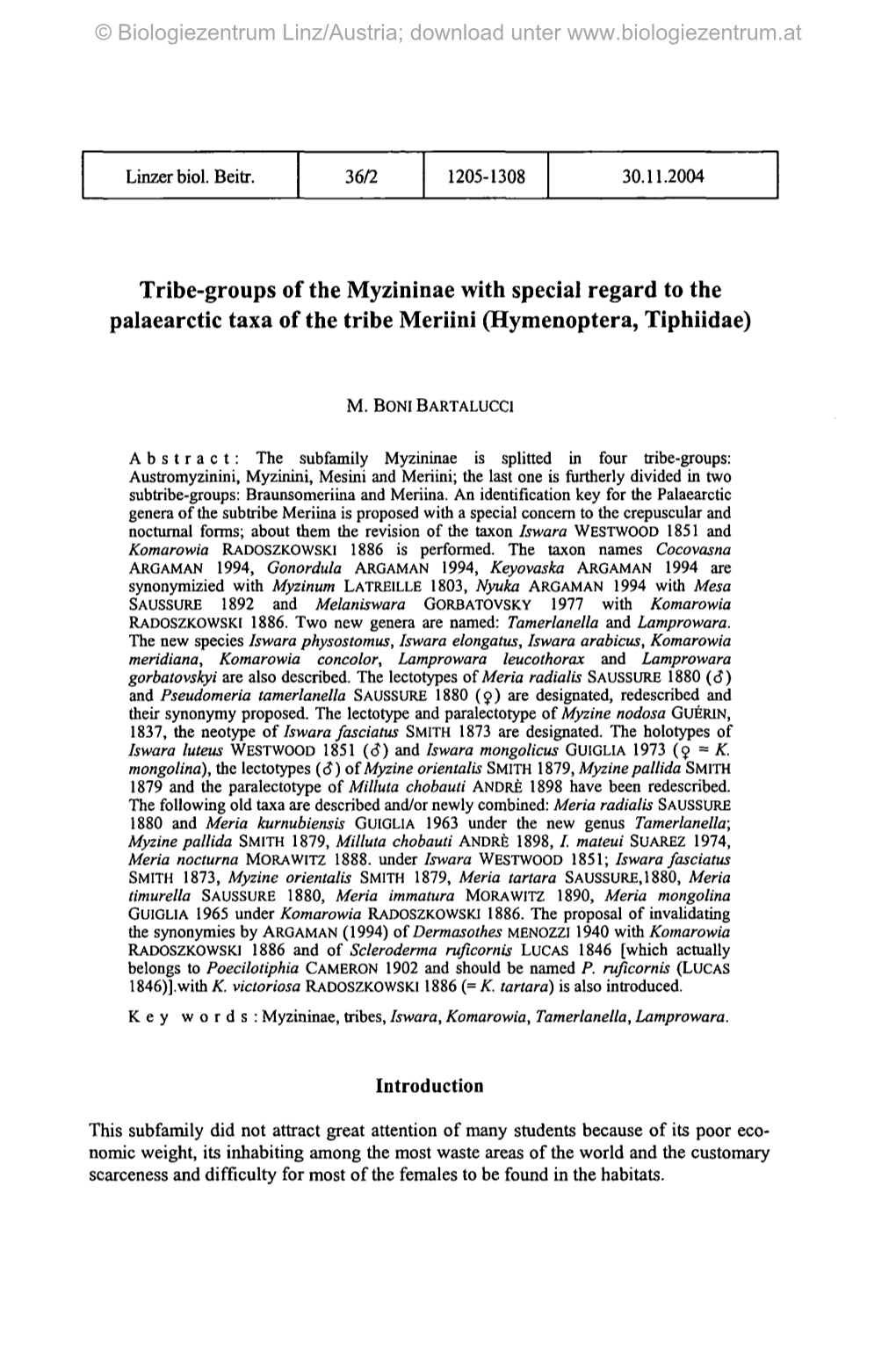 Tribe-Groups of the Myzininae with Special Regard to the Palaearctic Taxa of the Tribe Meriini (Hymenoptera, Tiphiidae)