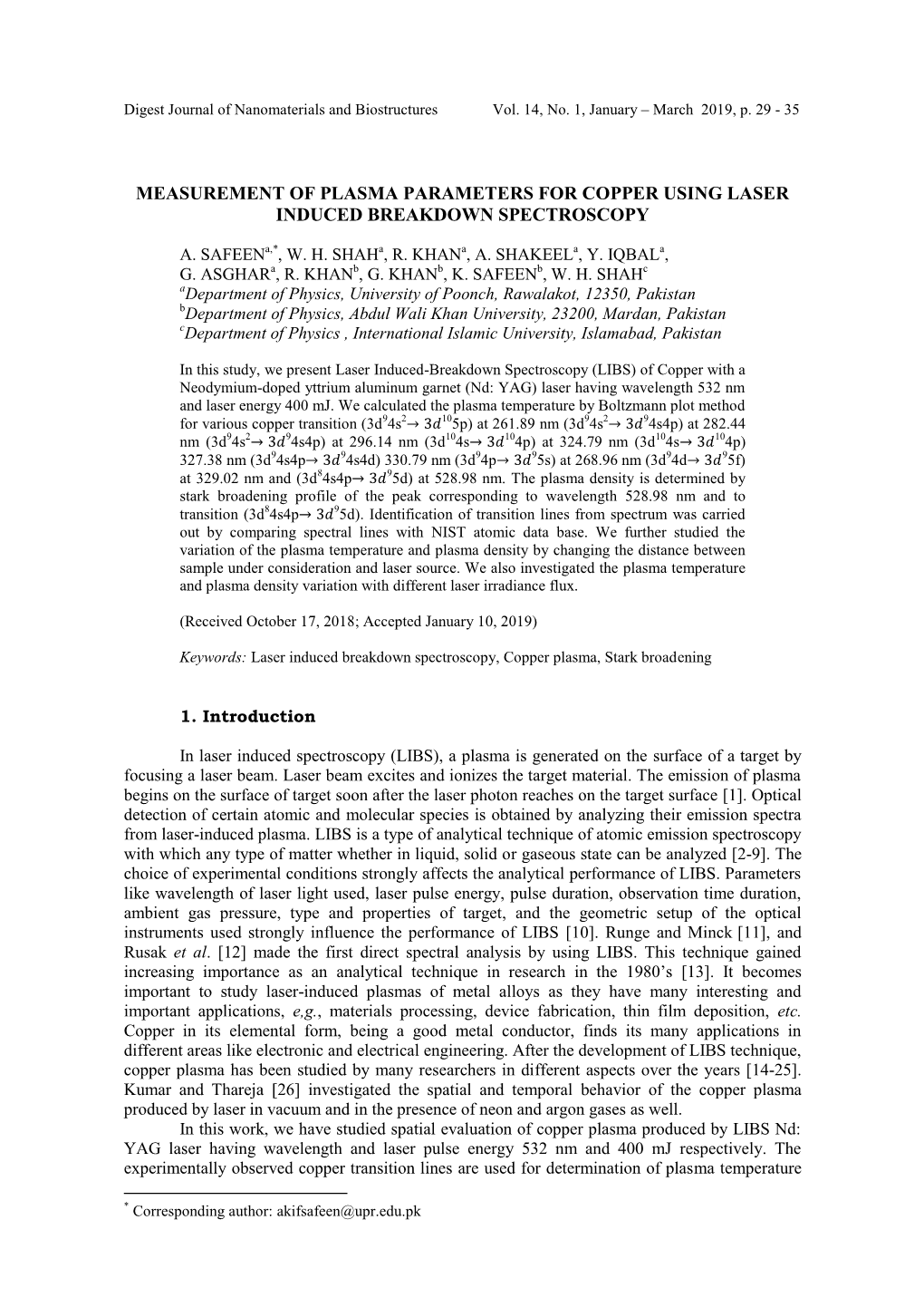 Measurement of Plasma Parameters for Copper Using Laser Induced Breakdown Spectroscopy