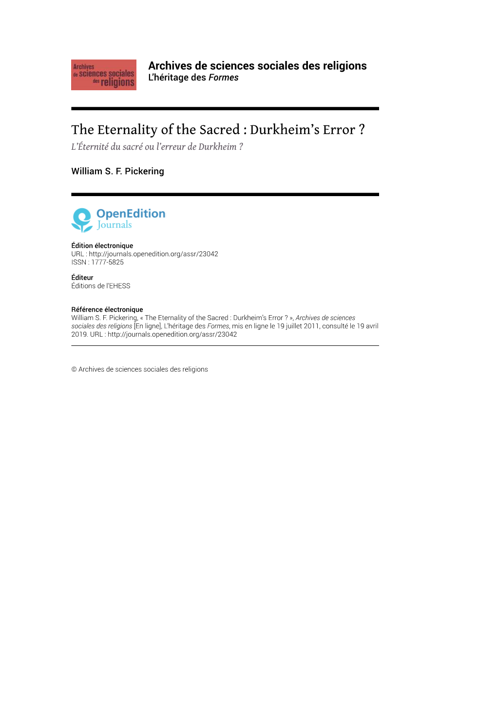 The Eternality of the Sacred : Durkheim's Error ?