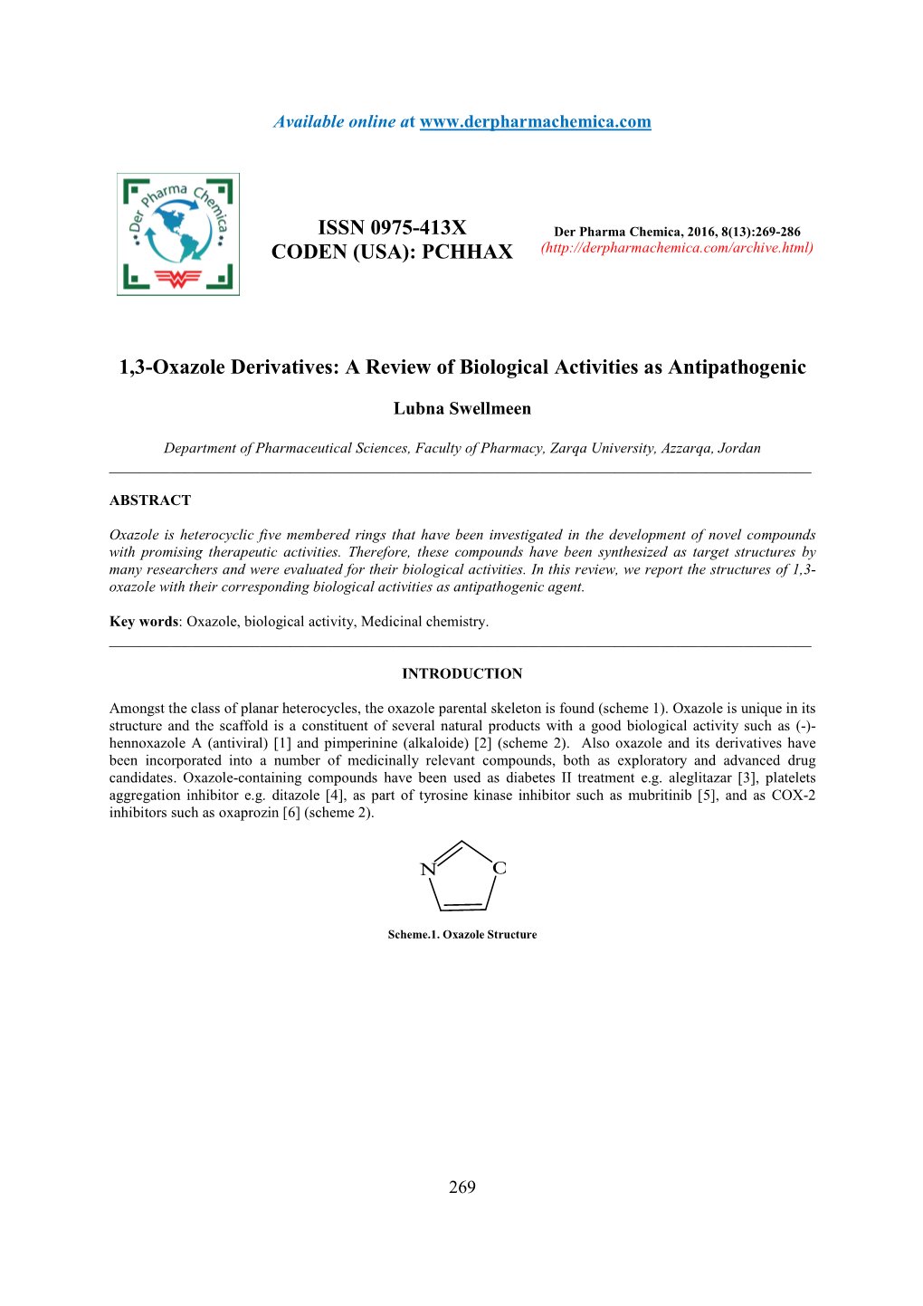 ISSN 0975-413X CODEN (USA): PCHHAX 1,3-Oxazole Derivatives