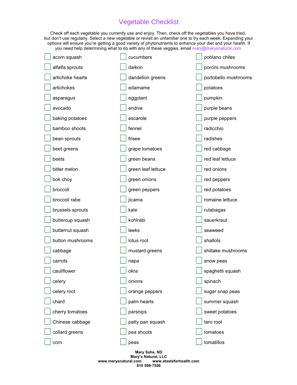 Vegetable Checklist