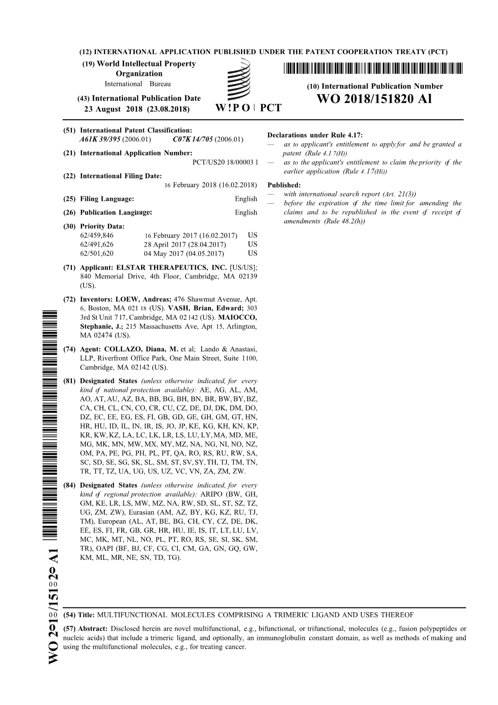 WO 2018/151820 Al 23 August 2018 (23.08.2018) W !P O PCT