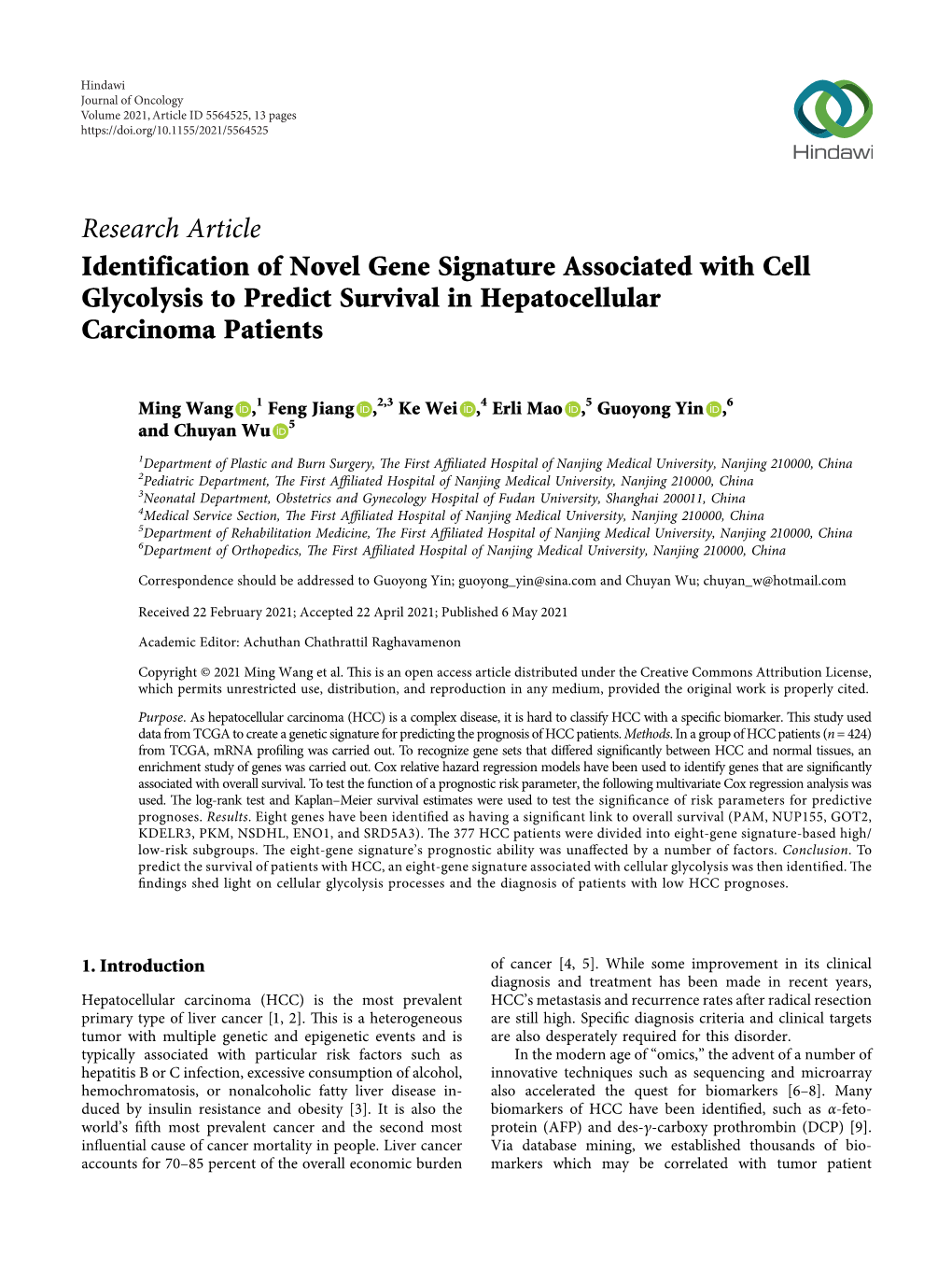 Identification of Novel Gene Signature Associated with Cell Glycolysis to Predict Survival in Hepatocellular Carcinoma Patients