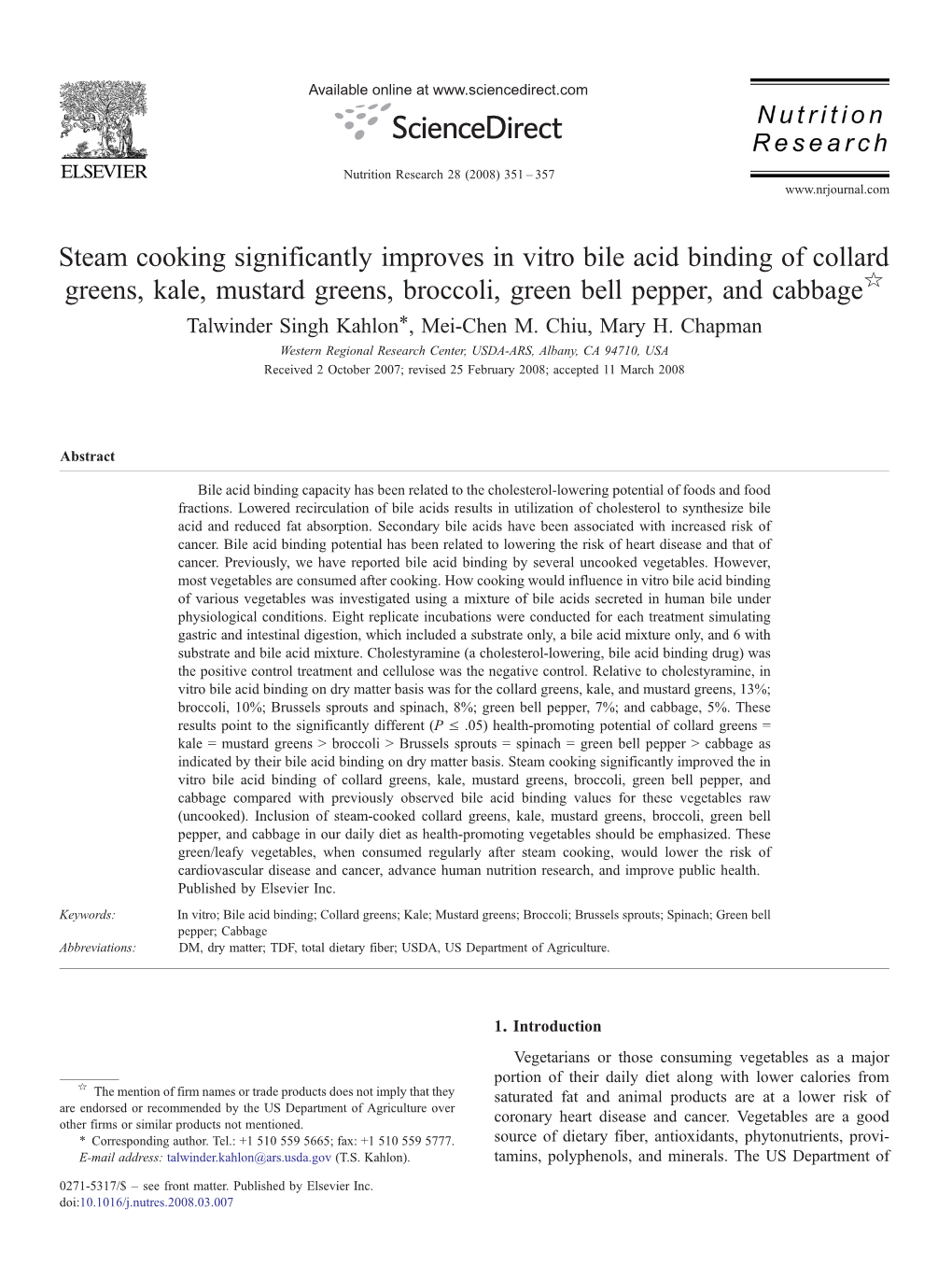 Steam Cooking Significantly Improves in Vitro Bile Acid Binding of Collard