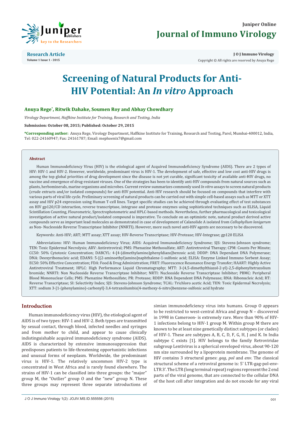 Screening of Natural Products for Anti-HIV Potential: an in Vitro Approach