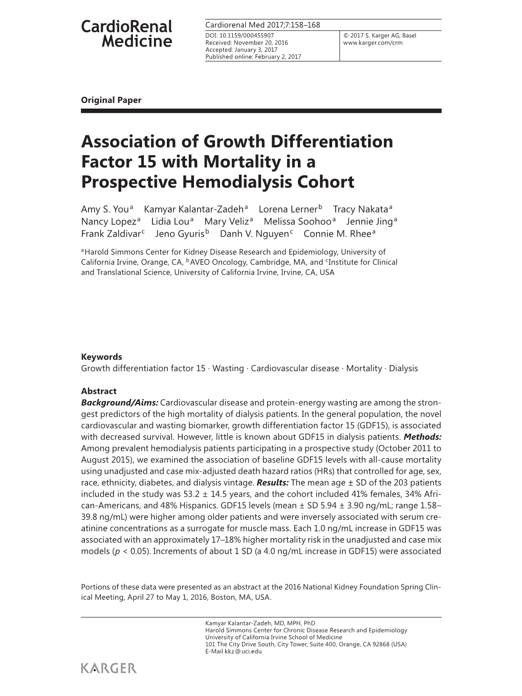 Association of Growth Differentiation Factor 15 with Mortality in a Prospective Hemodialysis Cohort