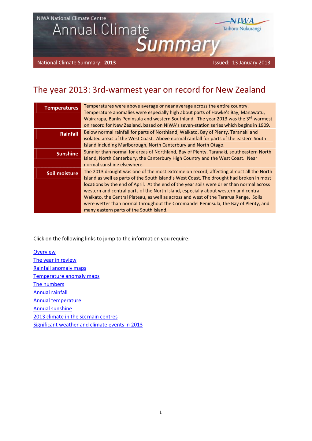 The Year 2013: 3Rd-Warmest Year on Record for New Zealand